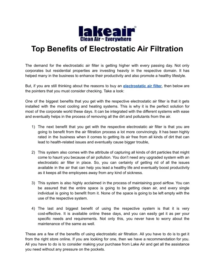 top benefits of electrostatic air filtration