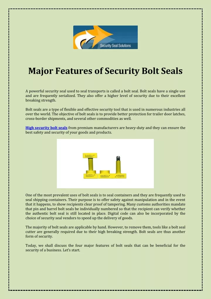 major features of security bolt seals