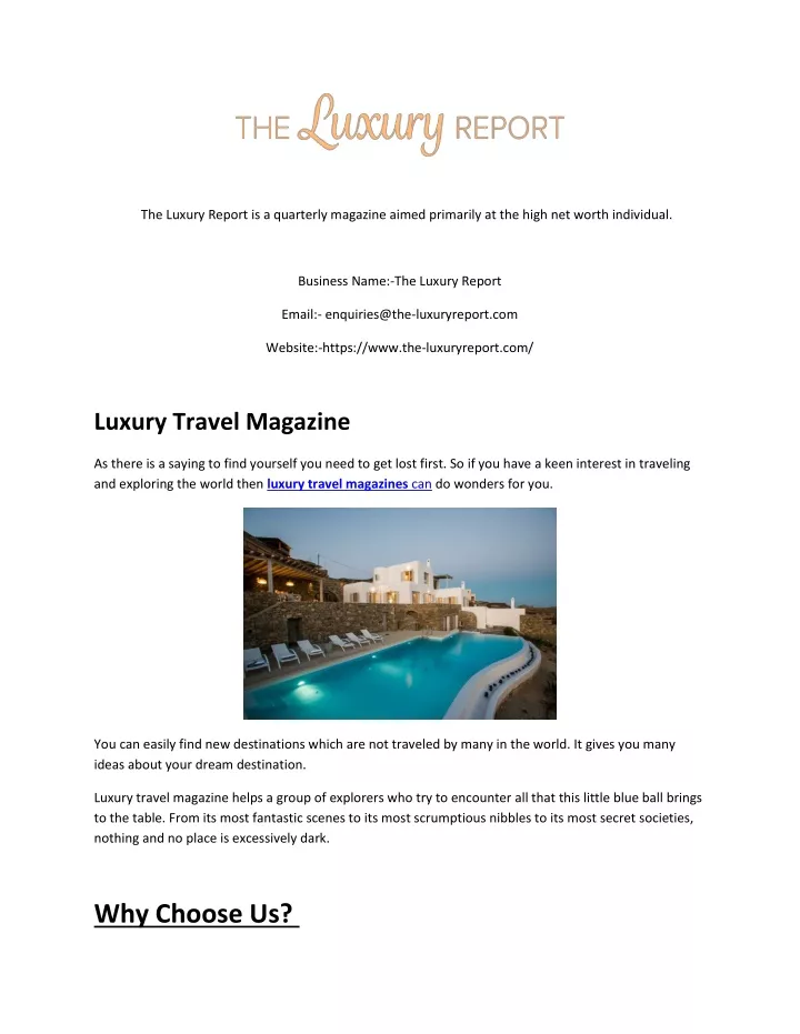the luxury report is a quarterly magazine aimed