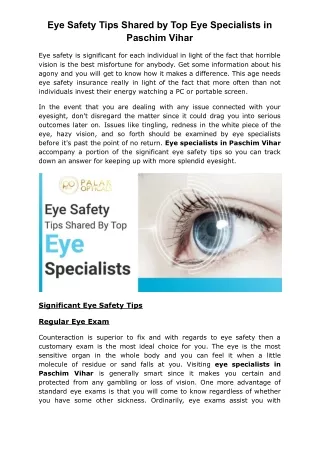 Eye Safety Tips Shared by Top Eye Specialists in Paschim Vihar