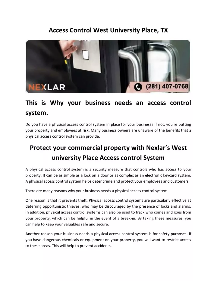 access control west university place tx