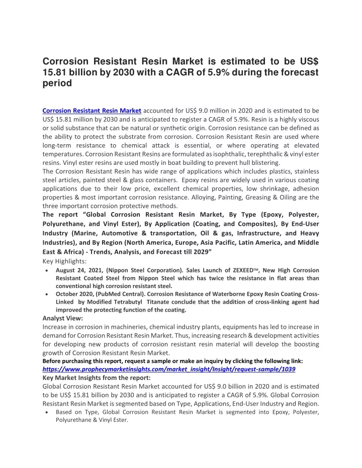 corrosion resistant resin market is estimated