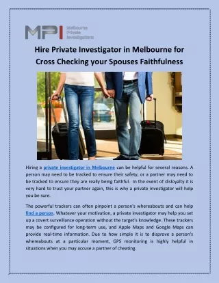 Hire Private Investigator in Melbourne for Cross Checking your Spouses Faithfulness