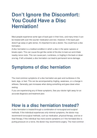 Don’t Ignore the Discomfort: You Could Have a Disc Herniation!