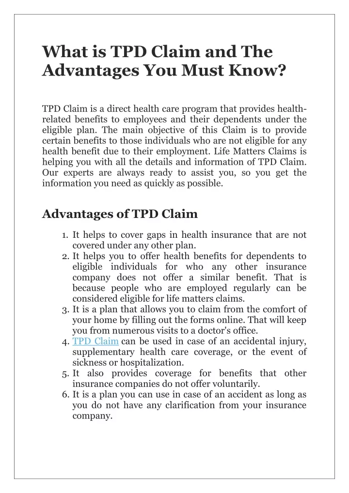 what is tpd claim and the advantages you must know