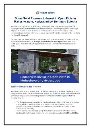 Some Solid Reasons to Invest in Open Plots in Maheshwaram, Hyderabad by Sterling’s Eutopia