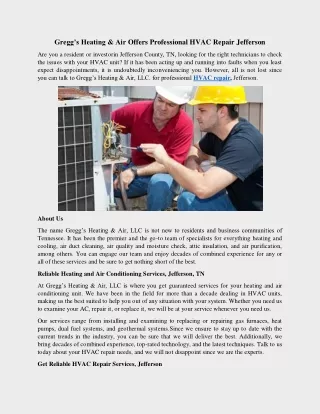 Gregg’s Heating & Air Offers Professional HVAC Repair Jefferson