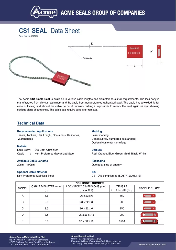 cs1 seal data sheet acme reg no 0104016