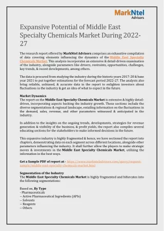 Expansive Potential of Middle East Specialty Chemicals Market During 2022-27