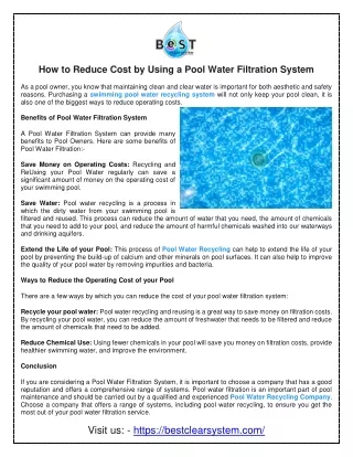 How to Reduce Cost by Using a Pool Water Filtration System