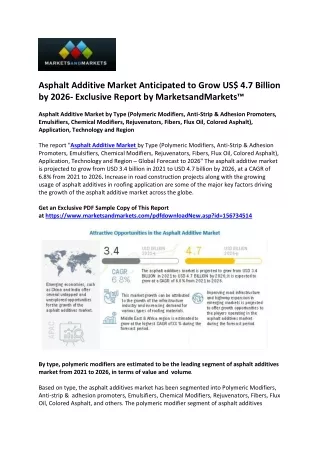 Asphalt Additive Market Predicted to Surpass US$ 4.7 Billion by 2026| Marketsand