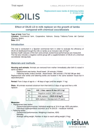 Effect of OILIS LD in milk replacer on the growth of lambs compared with chemical coccidiostats