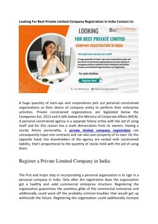 Looking For Best Private Limited Company Registration in India Contact Us
