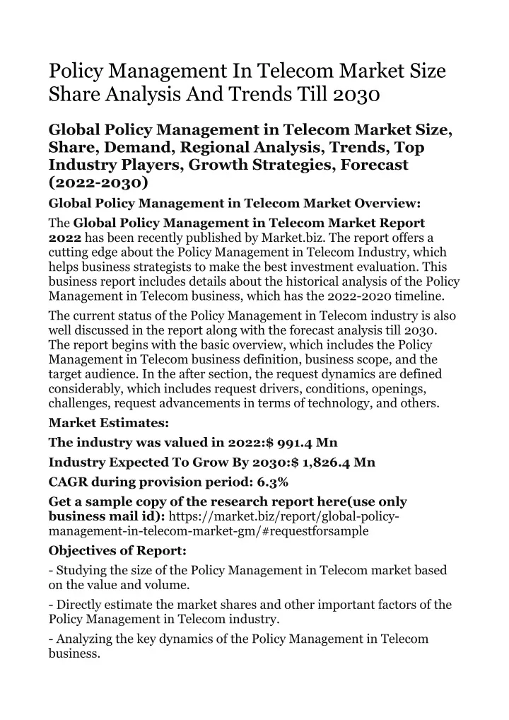 policy management in telecom market size share