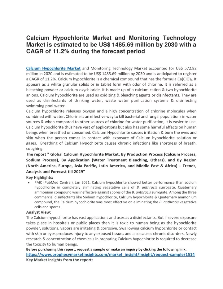 calcium hypochlorite market and monitoring