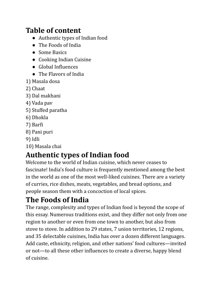 table of content authentic types of indian food
