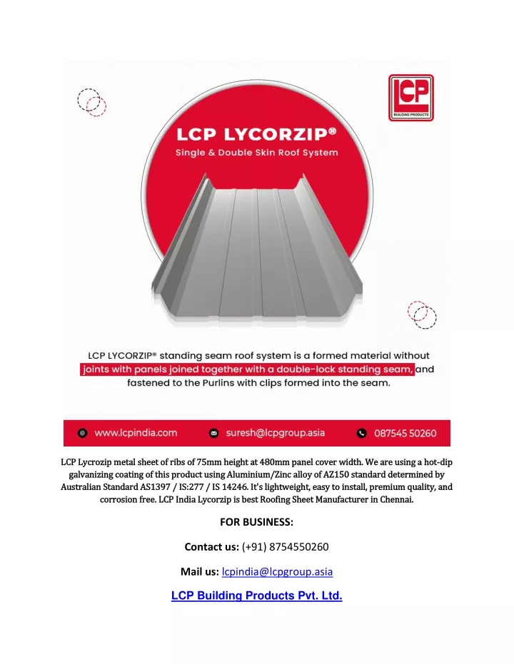 lcp lycrozip metal sheet of ribs of 75mm height