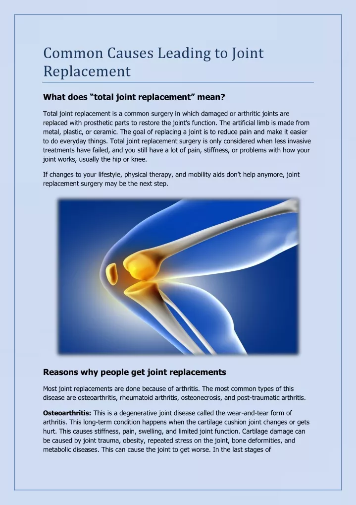 common causes leading to joint replacement