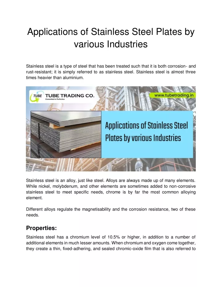 applications of stainless steel plates by various