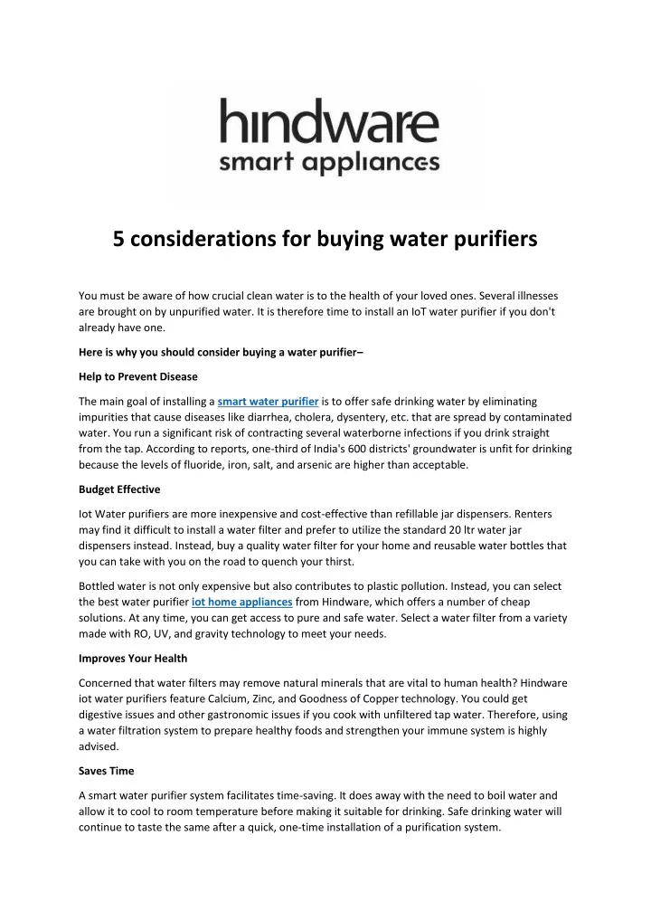 5 considerations for buying water purifiers