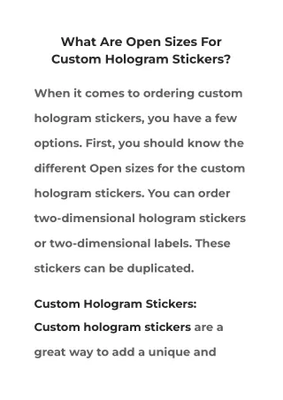 what are open sizes for custom hologram stickers