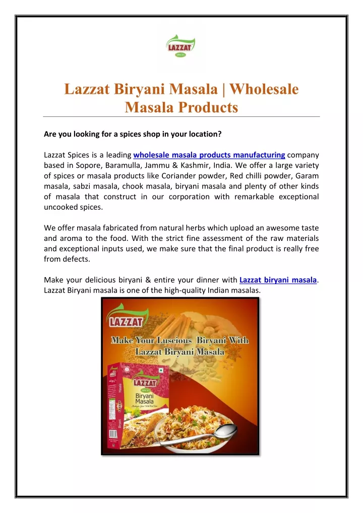 lazzat biryani masala wholesale masala products