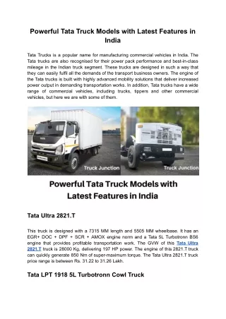 Powerful Tata Truck Models with Latest Features in India