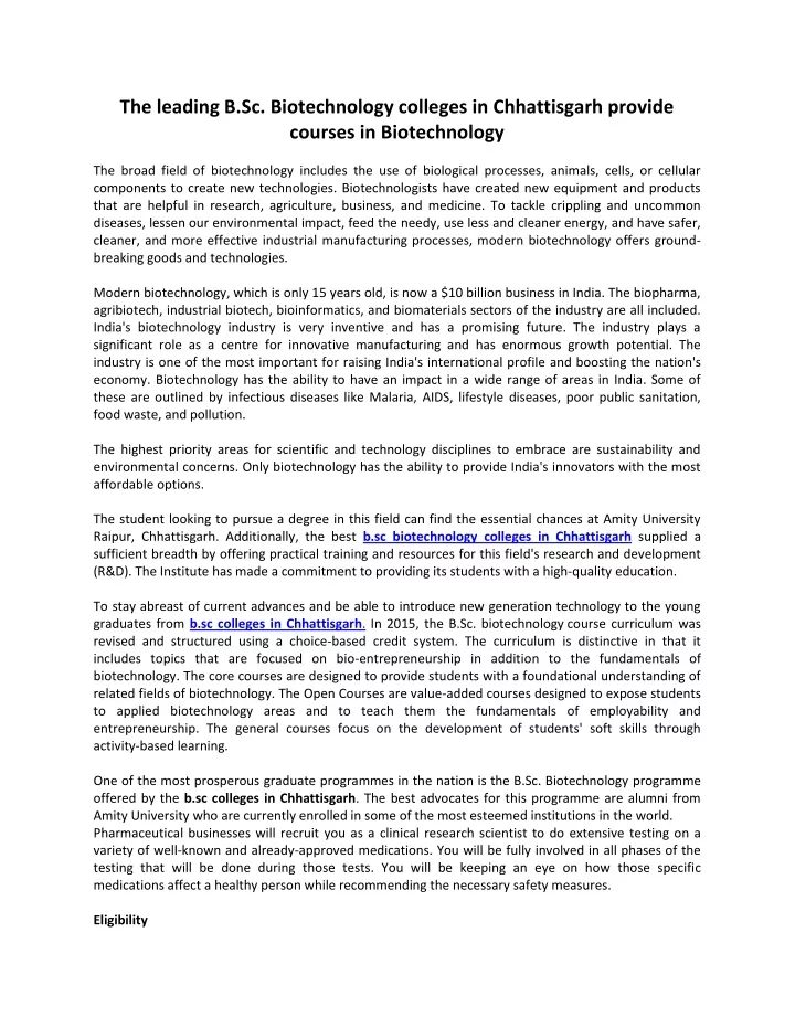 the leading b sc biotechnology colleges