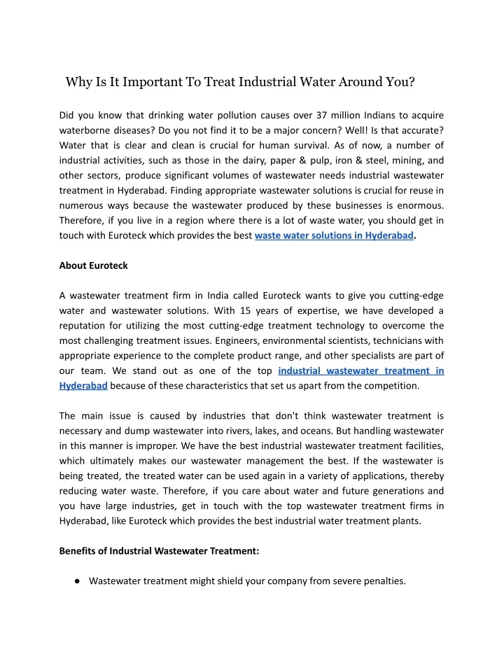 why is it important to treat industrial water