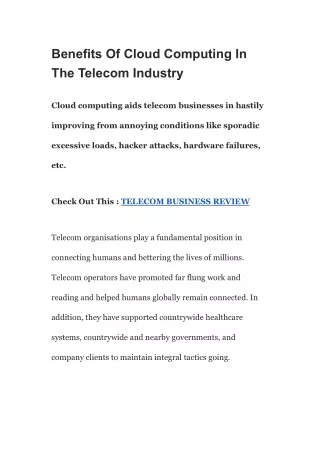 benefits of cloud computing in the telecom