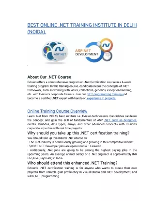 BEST ONLINE .NET TRAINING INSTITUTE IN DELHI (NOIDA).