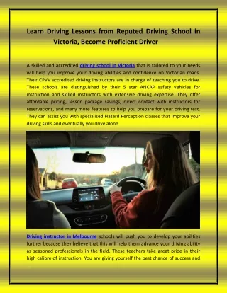 Learn Driving Lessons from Reputed Driving School in Victoria, Become Proficient Driver