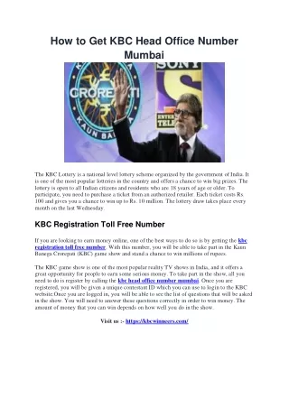 how to get kbc head office number mumbai