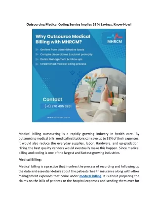 Outsourcing Medical Coding Service Implies 55% Savings Know How!
