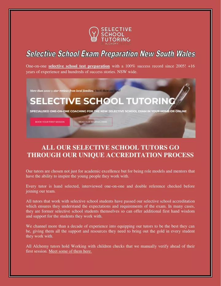 one on one selective school test preparation with