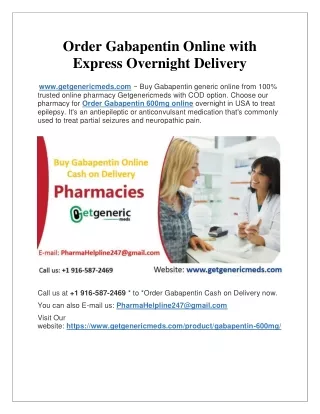 Buy Generic Gabapentin 600mg Online Cash on Delivery in USA