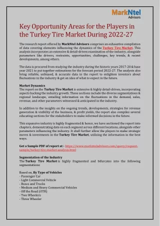 Key Opportunity Areas for the Players in the Turkey Tire Market During 2022-27