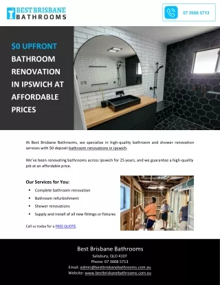 $0 UPFRONT BATHROOM RENOVATION IN IPSWICH AT AFFORDABLE PRICES