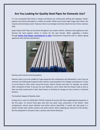 Are You Looking for Quality Steel Pipes for Domestic Use