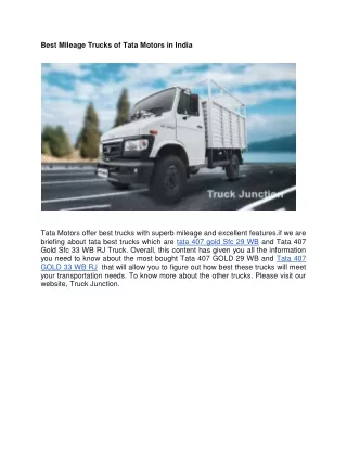 Best Mileage Trucks of Tata Motors in India