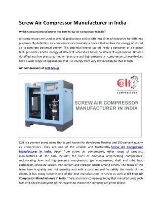 Screw Air Compressor Manufacturer in India