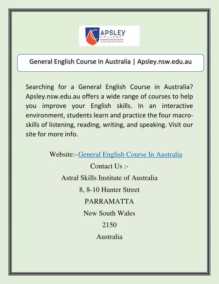 general english course in australia apsley