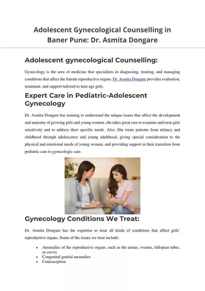 adolescent gynecological counselling in baner