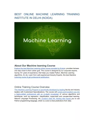 BEST ONLINE MACHINE LEARNING TRAINING INSTITUTE IN DELHI (NOIDA).