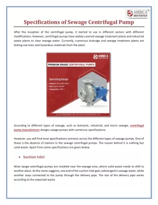 specifications of sewage centrifugal pump