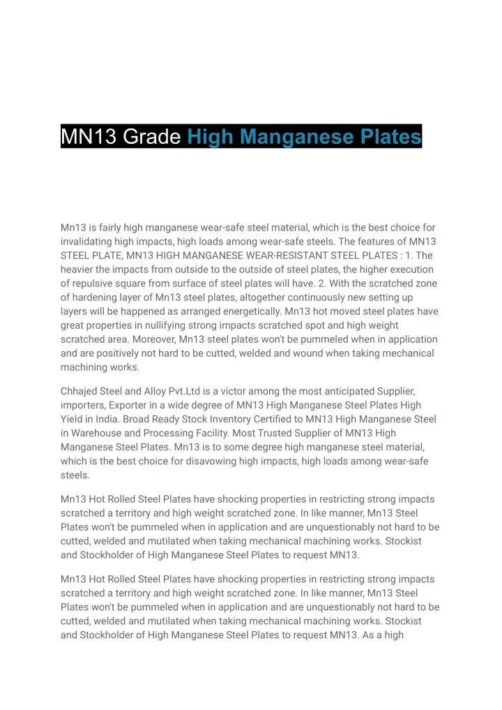 mn13 grade high manganese plates
