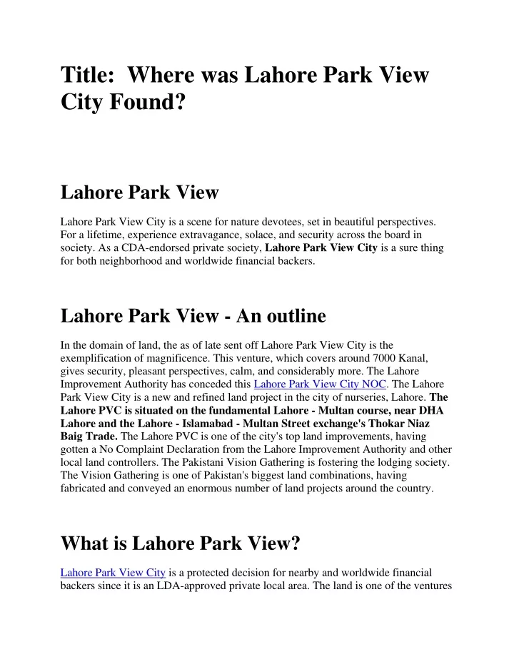 title where was lahore park view city found