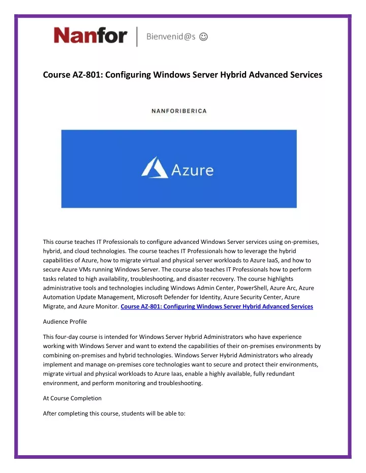 course az 801 configuring windows server hybrid