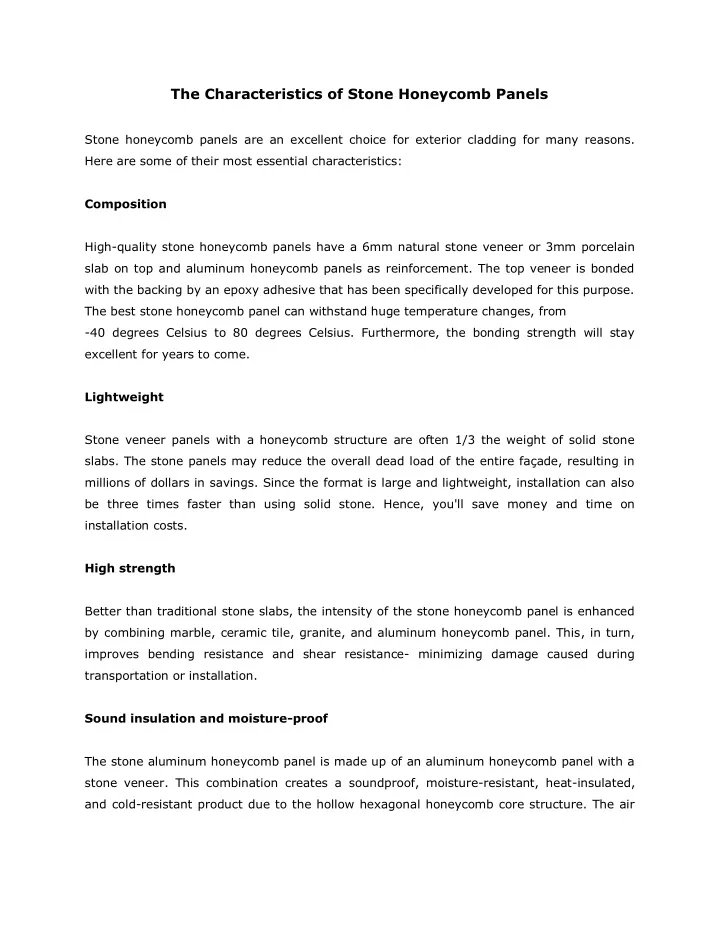 the characteristics of stone honeycomb panels