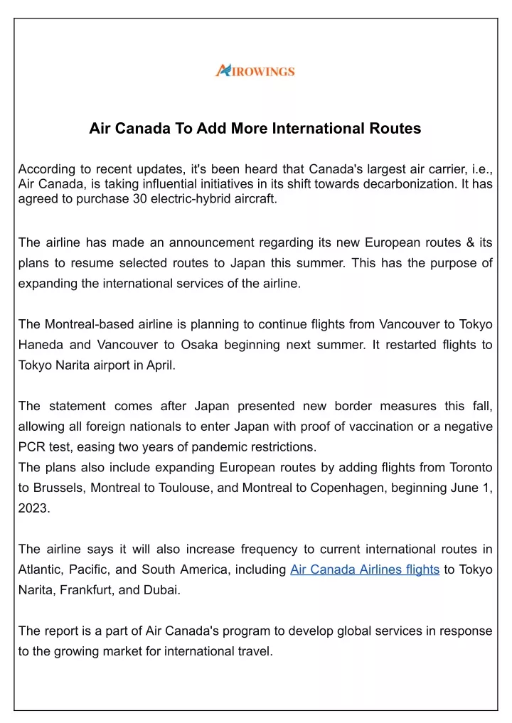 air canada to add more international routes